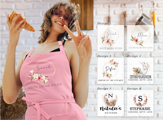 Floral Kitchen Apron With Personalized Name