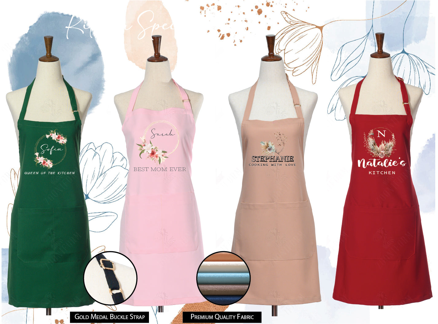 Floral Kitchen Apron With Personalized Name