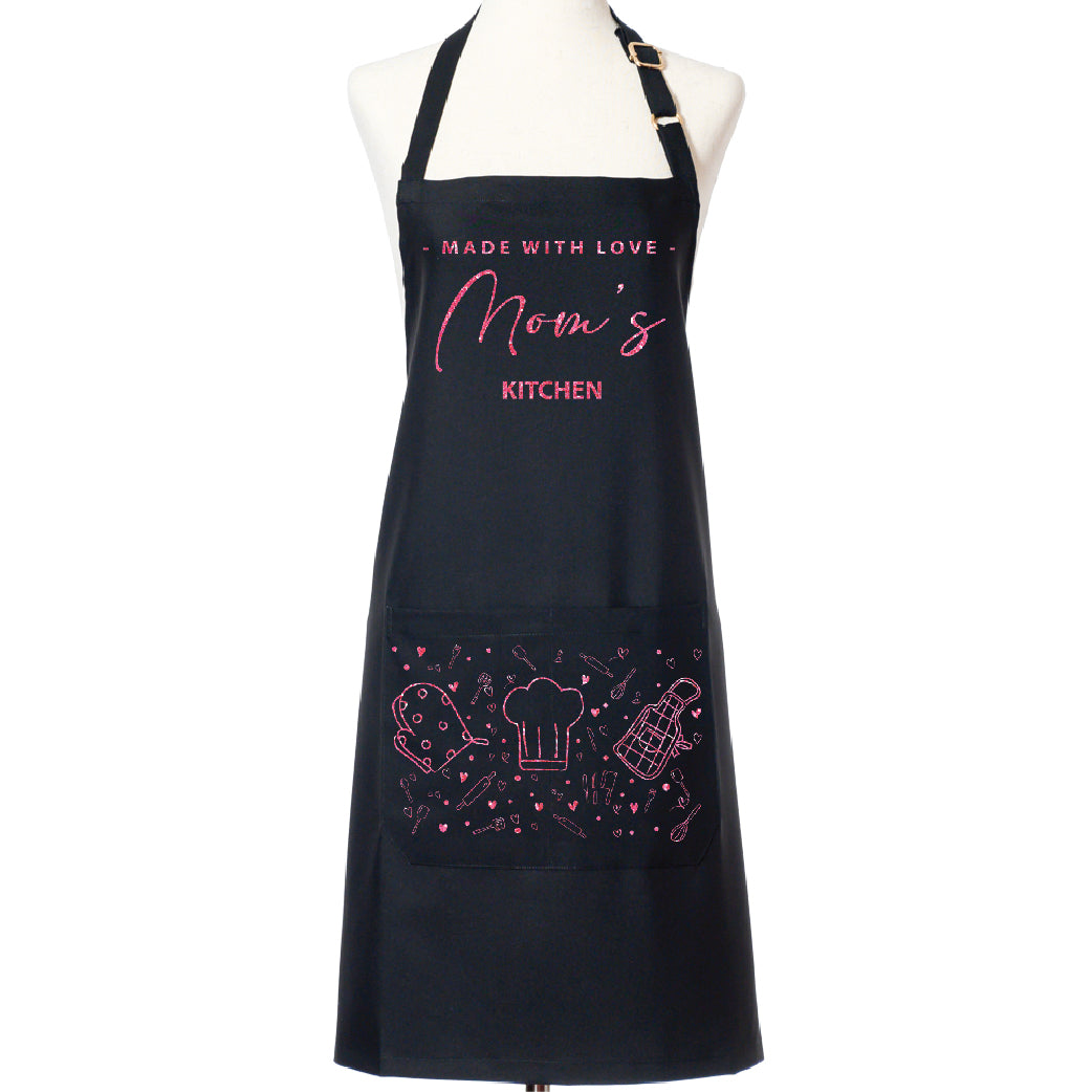 Mom's Kitchen Black Apron with Pockets, Adjustable Strap