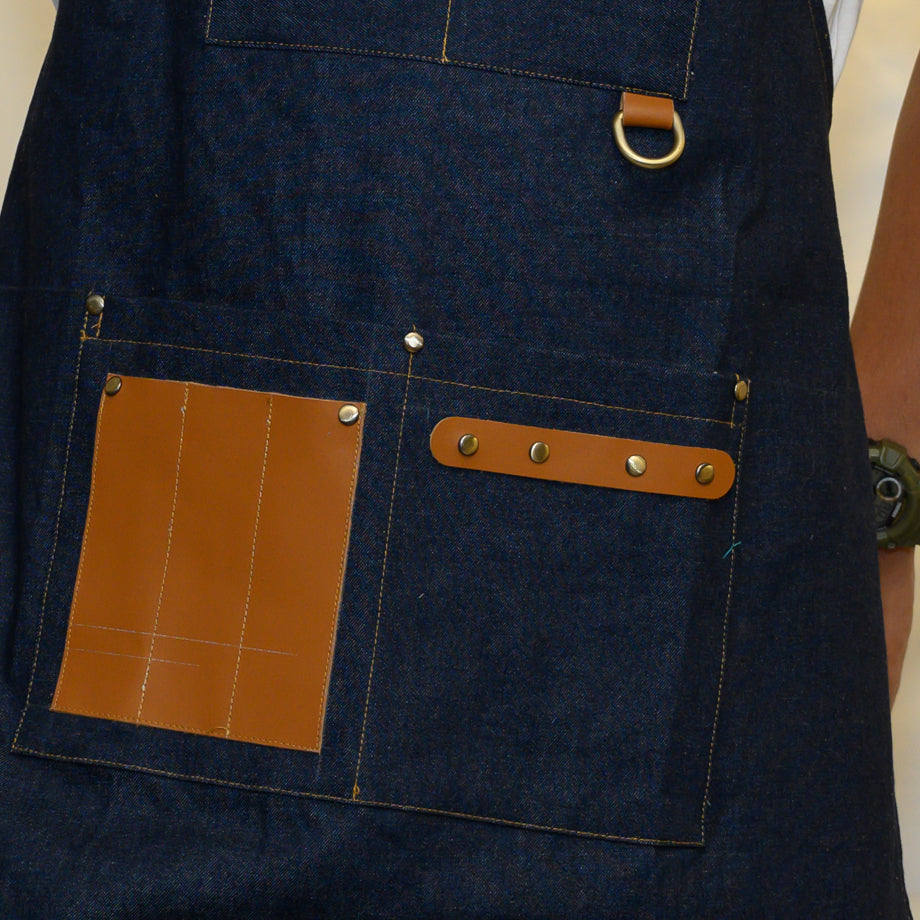 Handmade Denim Bib Apron with Leather Straps and Pockets