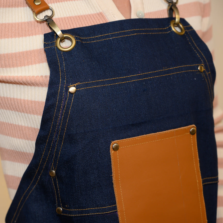 Blue Jean Apron with Cross-back Leather Strap