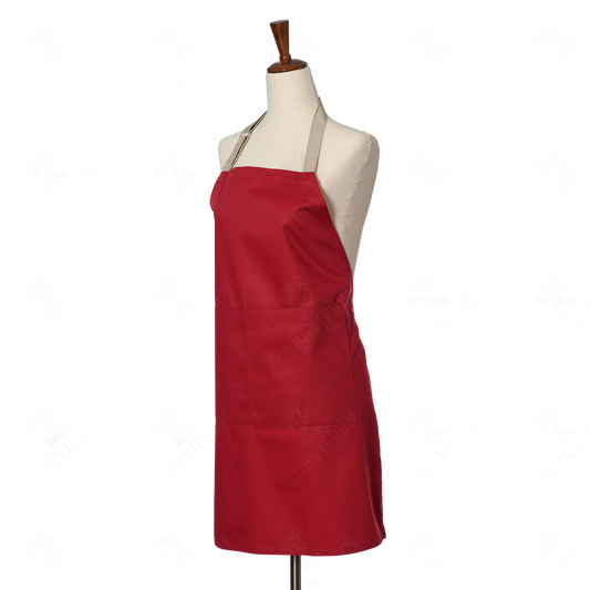 Two-tone Red & Beige Cotton Bib Apron with Two Pockets