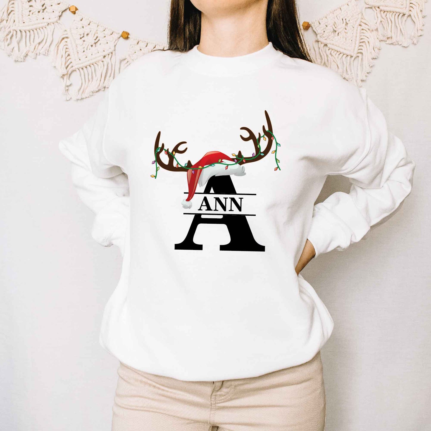 Custom Matching Family Name Christmas T-shirt, Long Sleeve Tee, Sweatshirt, Hoodie - Reindeer and Custom Letters